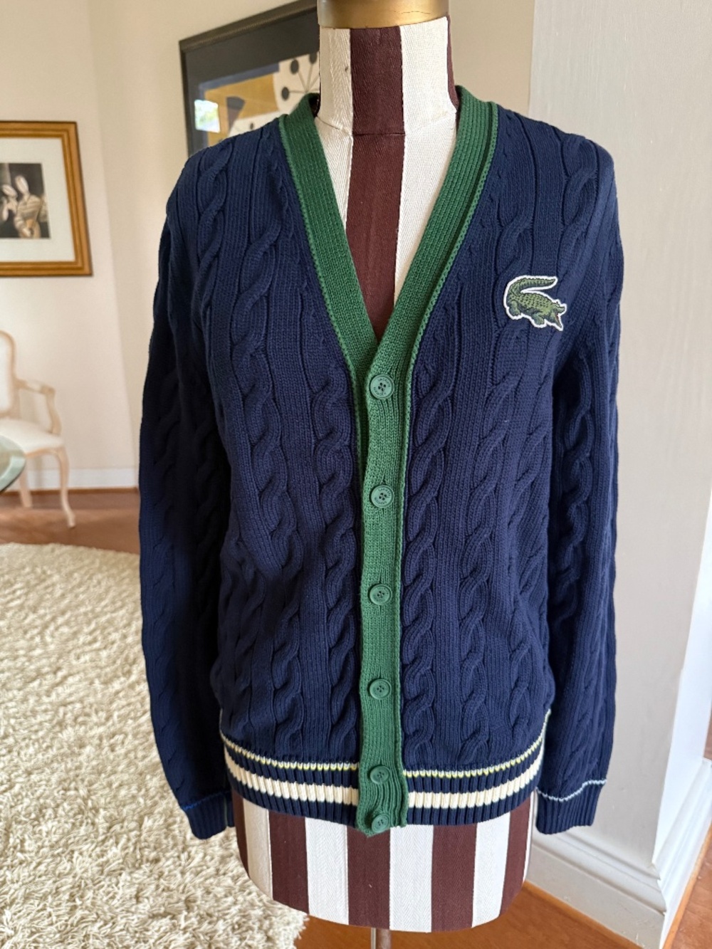 Lacoste Classic Fit Cable Knit V-Neck Cardigan Sweater Navy Green S Unisex